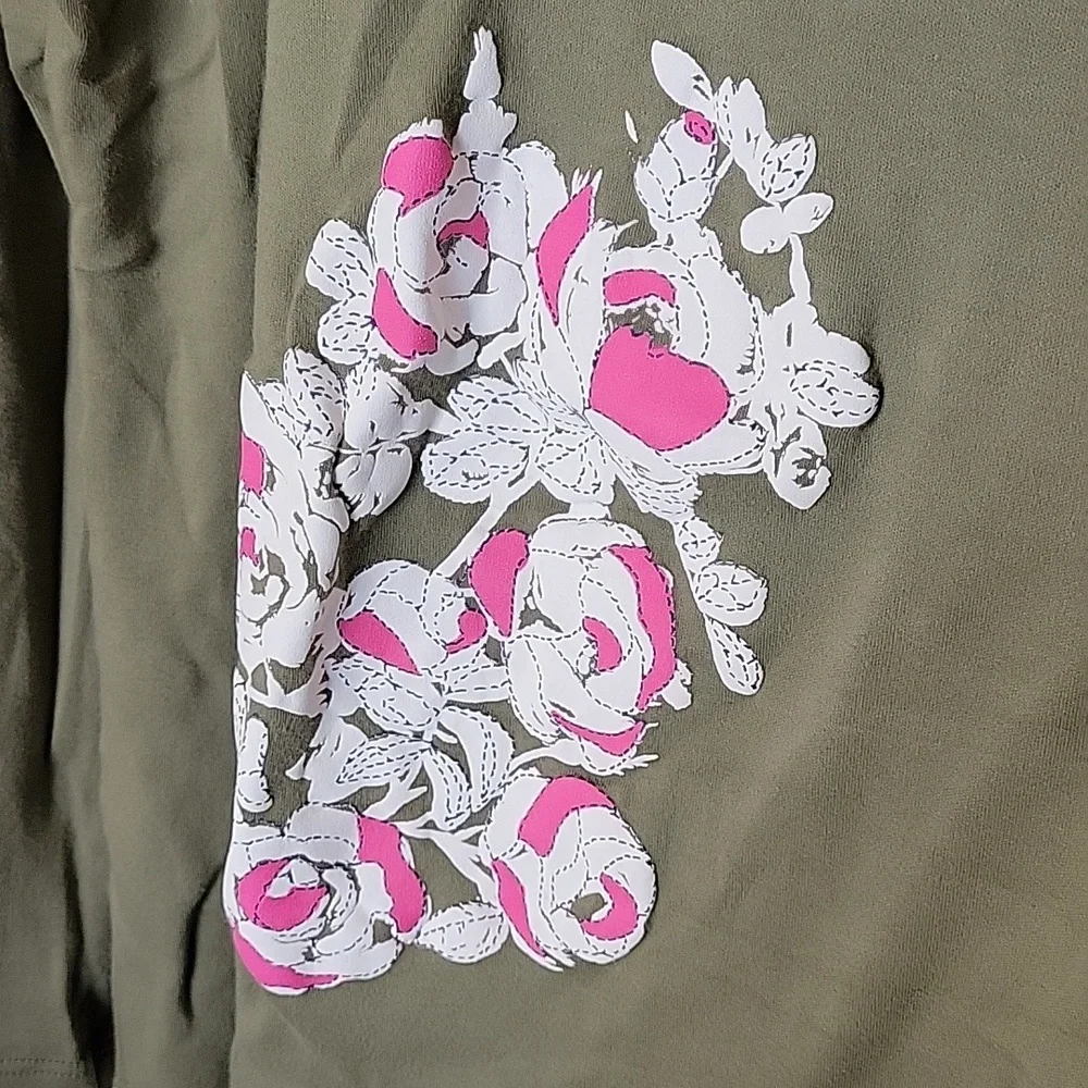 Kim Rogers XL Blouse Olive Green Floral Pink White Black Long Sleeve